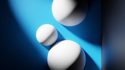 3D rendering. 3D illustration. Top view of three spheres with intense diagonal light illuminating blue room.