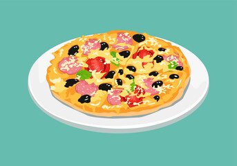 Cartoon pizza on plate. Vector illustration of fast food.