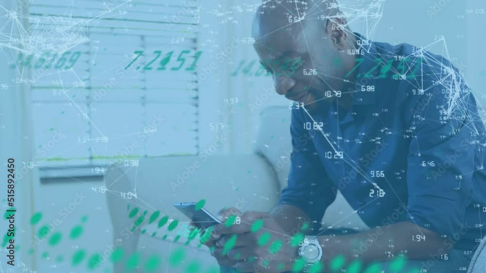 Aufkleber animation of network of connections and data processing over african american man using smartphone