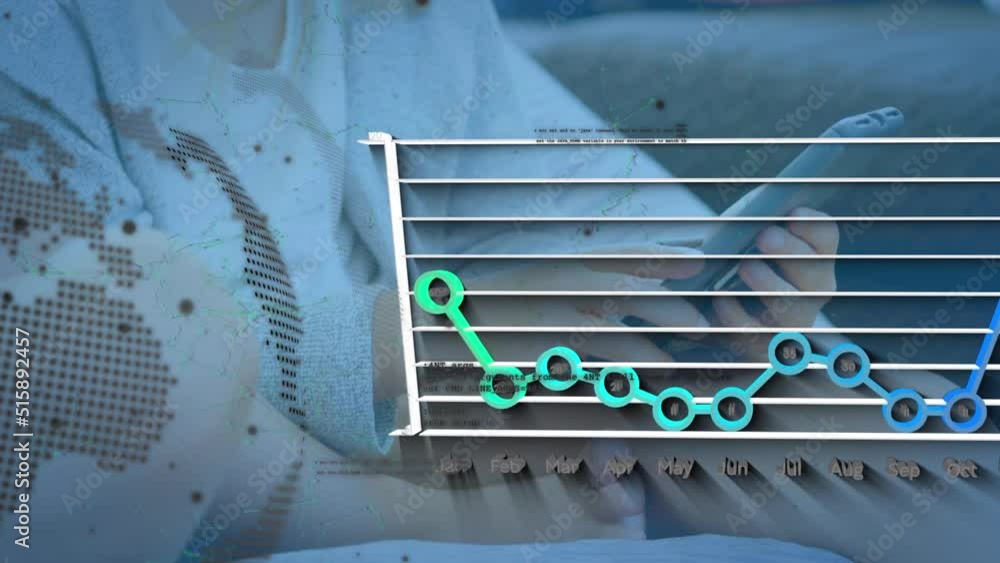 Poster animation of globe and data processing over caucasian girl using smartphone