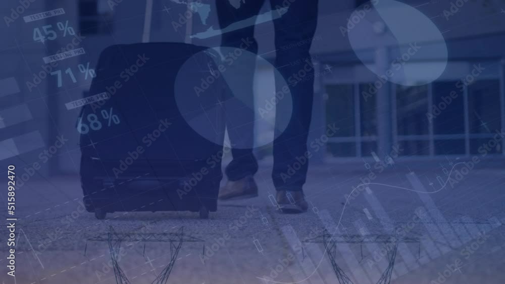 Poster animation of financial data processing over caucasian man and pylons