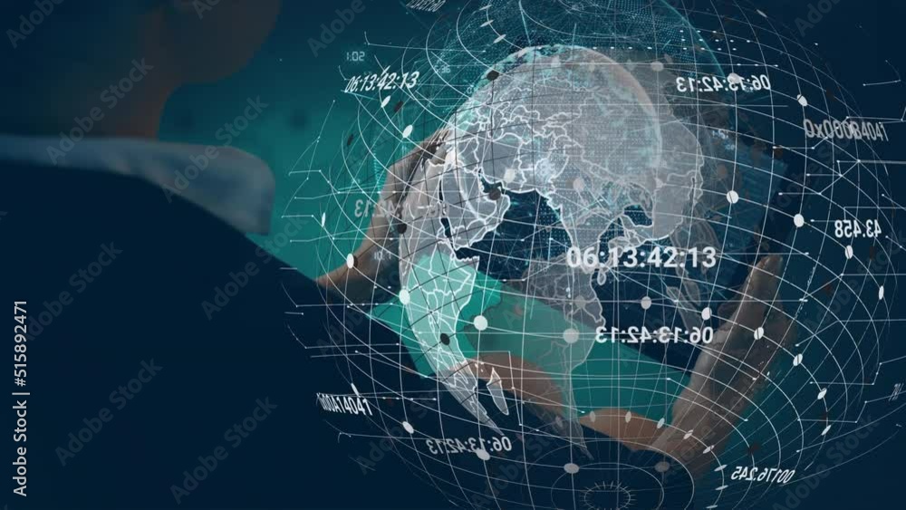 Aufkleber animation of globe with data processing over caucasian businesswoman using tablet