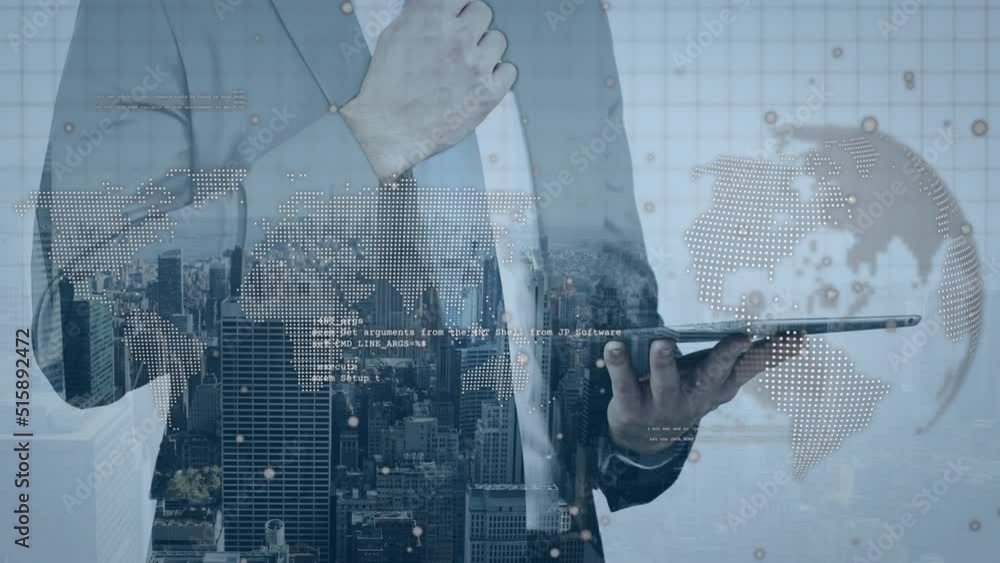 Poster animation of globe with data processing and cityscape over caucasian businessman using tablet