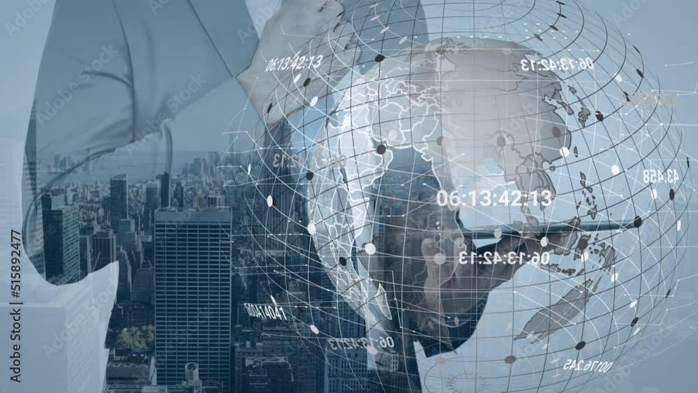 Poster animation of globe with data processing and cityscape over caucasian businessman using tablet
