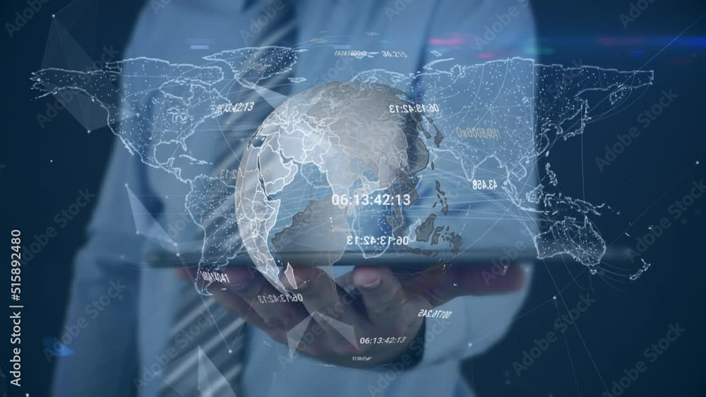 Poster animation of globe with data processing and world map over caucasian businessman using tablet