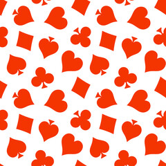 White seamless pattern with orange playing cards suit.