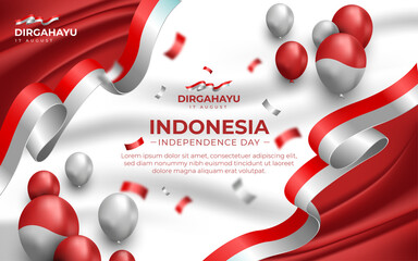 Indonesian Independence Day Landscape Banner Template with Realistic Balloons and Ribbon