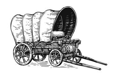 Covered wagon hand drawn sketch vector. Wild West concept. Vintage transport in style of old engraving - obrazy, fototapety, plakaty