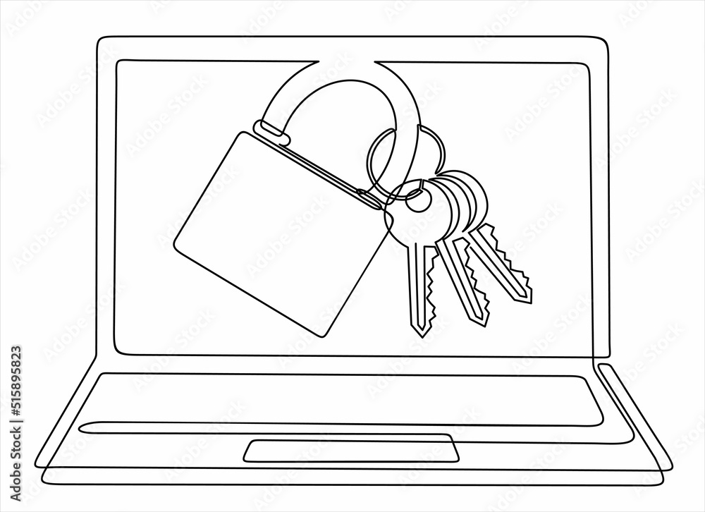 Aufkleber continuous one single line drawing of laptop and padlock with keys on screen as business concept of 