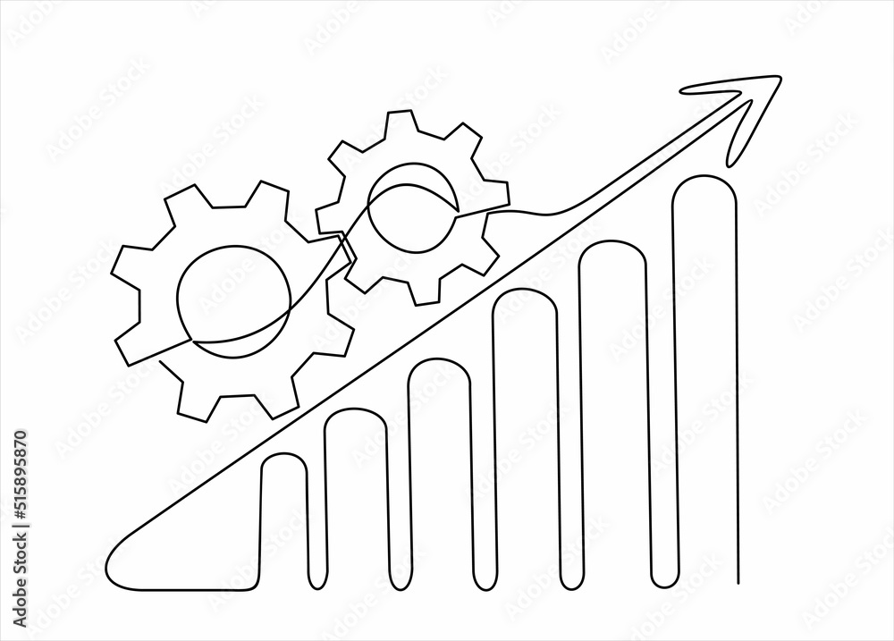 Poster continuous one single line drawing productivity bar chart with gear icon vector illustration concept