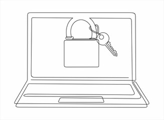 continuous one single line drawing of laptop and padlock with keys on screen as business concept of cyber security