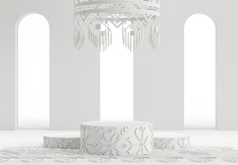 White empty mock up space with platforms and Ukrainian ornaments. 3d render