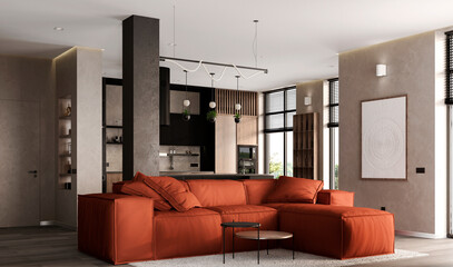 Modern studio kitchen interior with sofa and floor-to-ceiling windows. 3d render