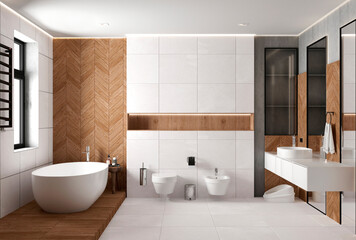 Fototapeta na wymiar The interior of a modern bright spacious bathroom with a free-standing bathtub. 3d render