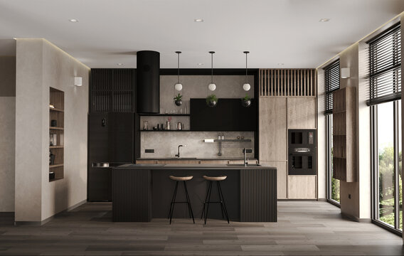 Modern black and wood kitchen interior with island. 3d render