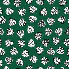 Green seamless pattern with outline monstera leaves,.