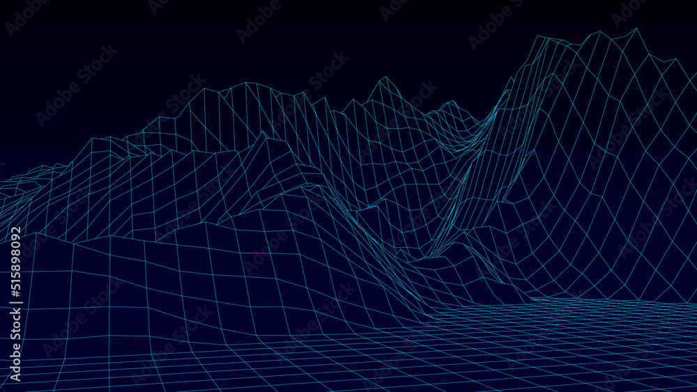 Aufkleber abstract digital neon grid landscape background. futuristic retro mountains backdrop. big data visua