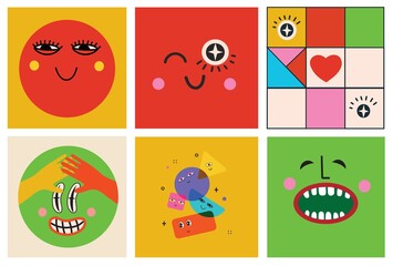Big Set of Different colored Vector illustartions for posters in Cartoon Flat design. Hand drawn Abstract shapes, faces, different texture, greek elements, funny Comic characters.