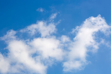 Blue sky with clouds, a view from an aeroplane above the clouds. Cloudy sky abstract nature background with clouds. Low angle view of white cumulus cloud. Bright summer skyscape landscape in day.