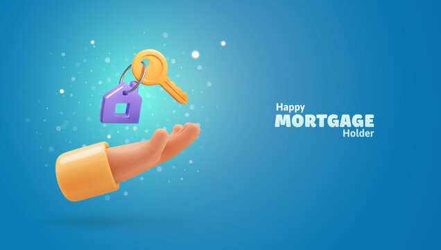 3d cartoon hand holding the house keys mortgage loan vector illustration. Real estate agent give keys. Rent housing banner template.