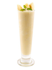 Banana milk smoothie with banana slice and mint leaves decorative isolated on white background