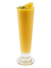 Fresh mango smoothie and mint leaves on isolated white background