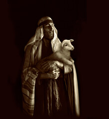 Naklejka premium Shepherd hold a sheep in his arms