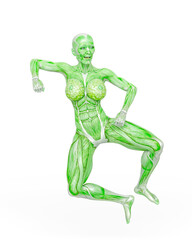 female bodybuilding in muscle maps is doing a weird happy jump in white background