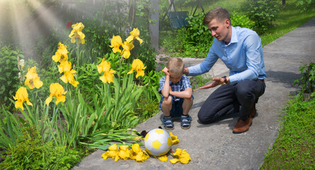 The ball crushed the flowers. Father speak with son