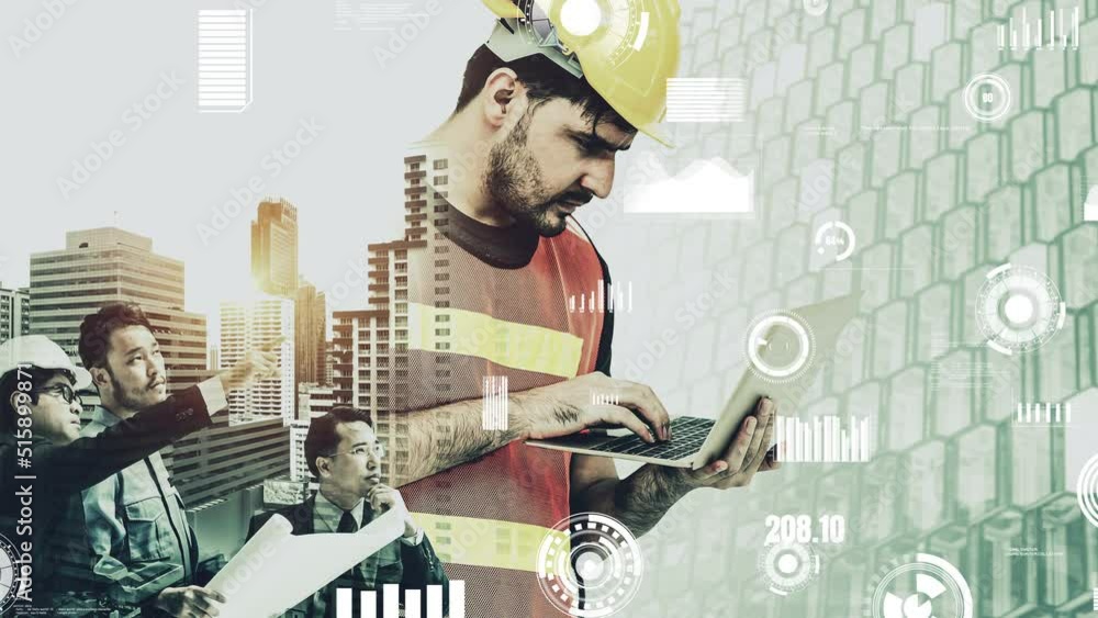 Poster future building construction and inventive engineering project concept with hud hologram graphic des