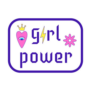 Girly Y2K patch. A sticker in shape of rounded rectangle with flower, heart in crown and words Girl power. Text graphic element in bright acid colors. Simple vector illustration isolated on a white