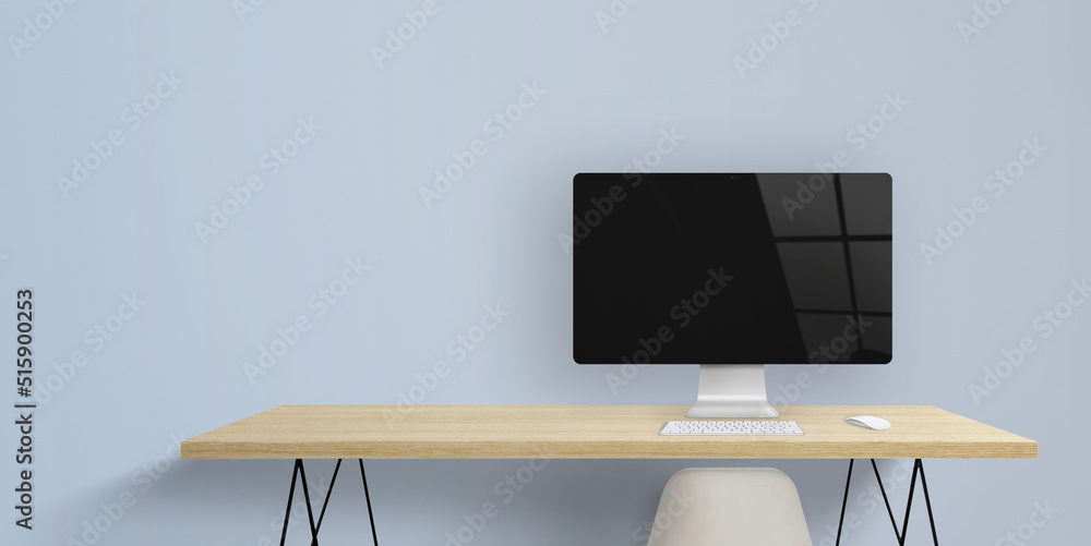 Leinwandbilder Computer display on work desk with blank screen and window reflection. Clean space for add web page presentation. Copy space beside on wall