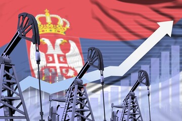 rising up chart on Serbia flag background - industrial illustration of Serbia oil industry or market concept. 3D Illustration