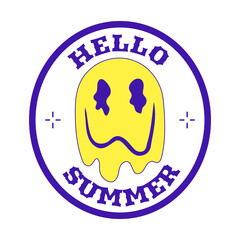 Y2k sticker. The label is in the shape of an oval with a melting smile and the words Hello summer. Text graphic element in bright acid colors. Simple vector illustration isolated on a white