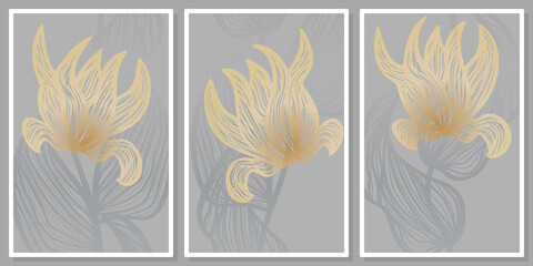 Golden flowers and silver leaves- wall art vector set, for wall art, poster, wallpaper, print
