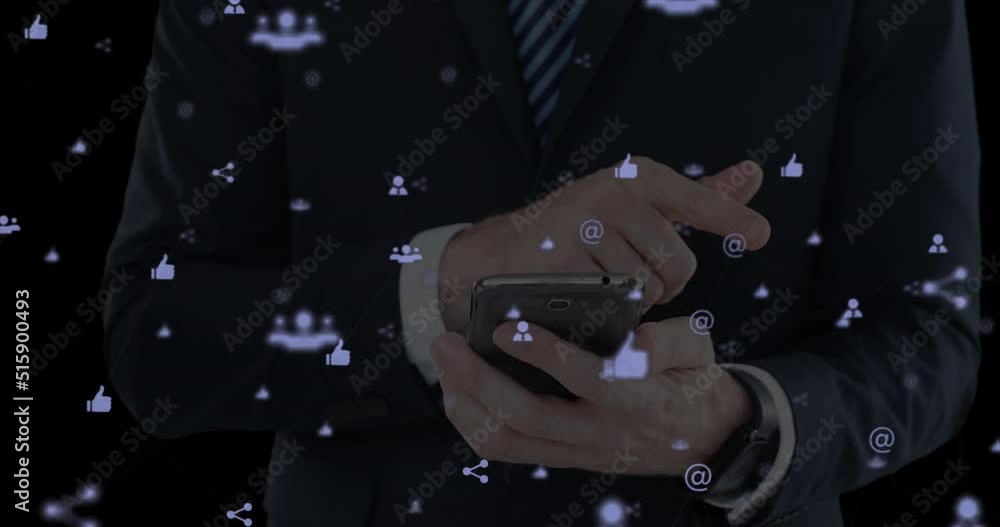 Wall mural Animation of media icons over businessman using smartphone