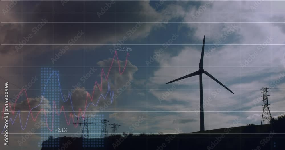 Poster animation of graphs and data processing over wind turbine and clouds