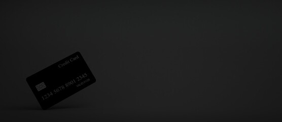 Black credit card floating on Black background. Mobile banking and Online payment service. Saving money wealth and business financial concept. Smartphone money transfer online. 3d render.