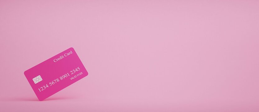 Pink Credit Card Floating On Pink Background. Mobile Banking And Online Payment Service. Saving Money Wealth And Business Financial Concept. Smartphone Money Transfer Online. 3d Render.