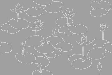 Delicate  water lilies monochrome gray white seamless pattern 
