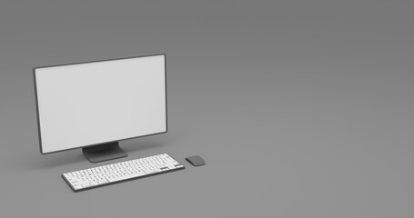 Personal computer  keyboard, mouse, monitor with city and mountain landscape isometric view isolated on gray background 3D illustration