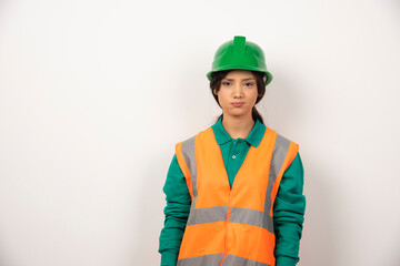 Female employee with upset face on white background