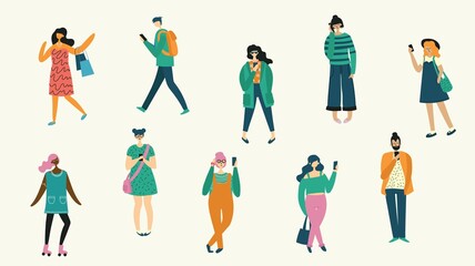 Fototapeta na wymiar Set of people wearing stylish clothes. Fashionable men and women at fashion week. Group of male and female cartoon characters dressed in trendy clothing. Flat vector illustration.