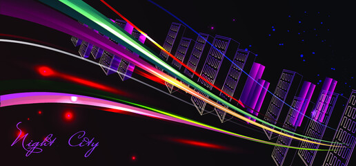 Nighttime neon city in bright lines 