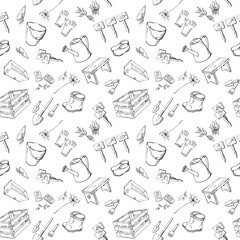 Monochrome seamless pattern with contour hand drawn garden tools, watering can, boots, shovels, seeds. Endless texture with black line art elements on white background. Vector illustration.