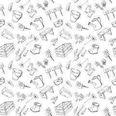 Monochrome seamless pattern with contour hand drawn garden tools, watering can, boots, shovels, seeds. Endless texture with black line art elements on white background. Vector illustration.
