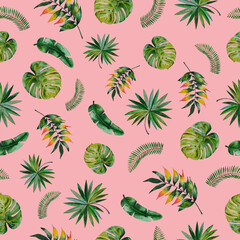 Watercolor tropical palm leaves seamless pattern. Vector illustration. Pink background.