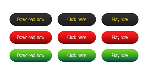 Download now, click here, play now. Set of buttons. Vector clipart isolated on white background.