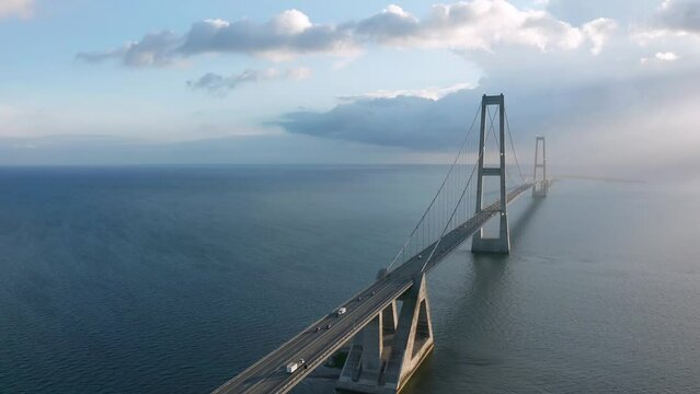 Aerial view on the famous Great Belt suspension bridge (&Oslash;stbroen) in Denmark, a multi-element fixed link crossing the Great Belt strait between the Danish islands of Zealand and Funen