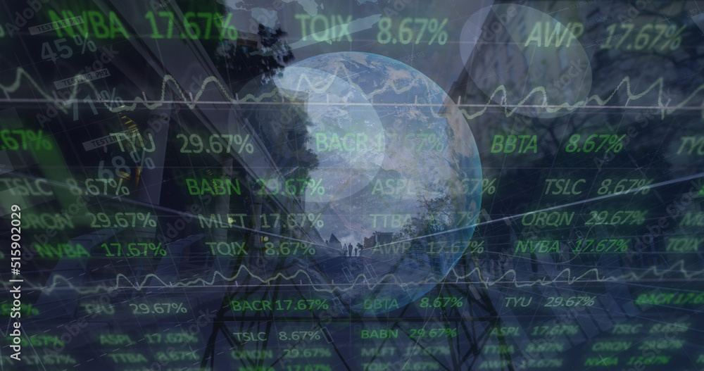 Poster image of financial data processing over globe in background